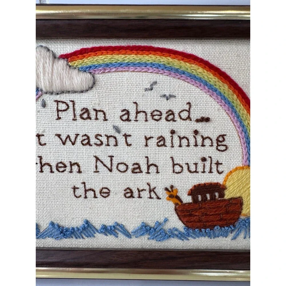 Vintage Handmade Framed Noah's Ark Embroidered Wall Art Rainbow Christian Decor